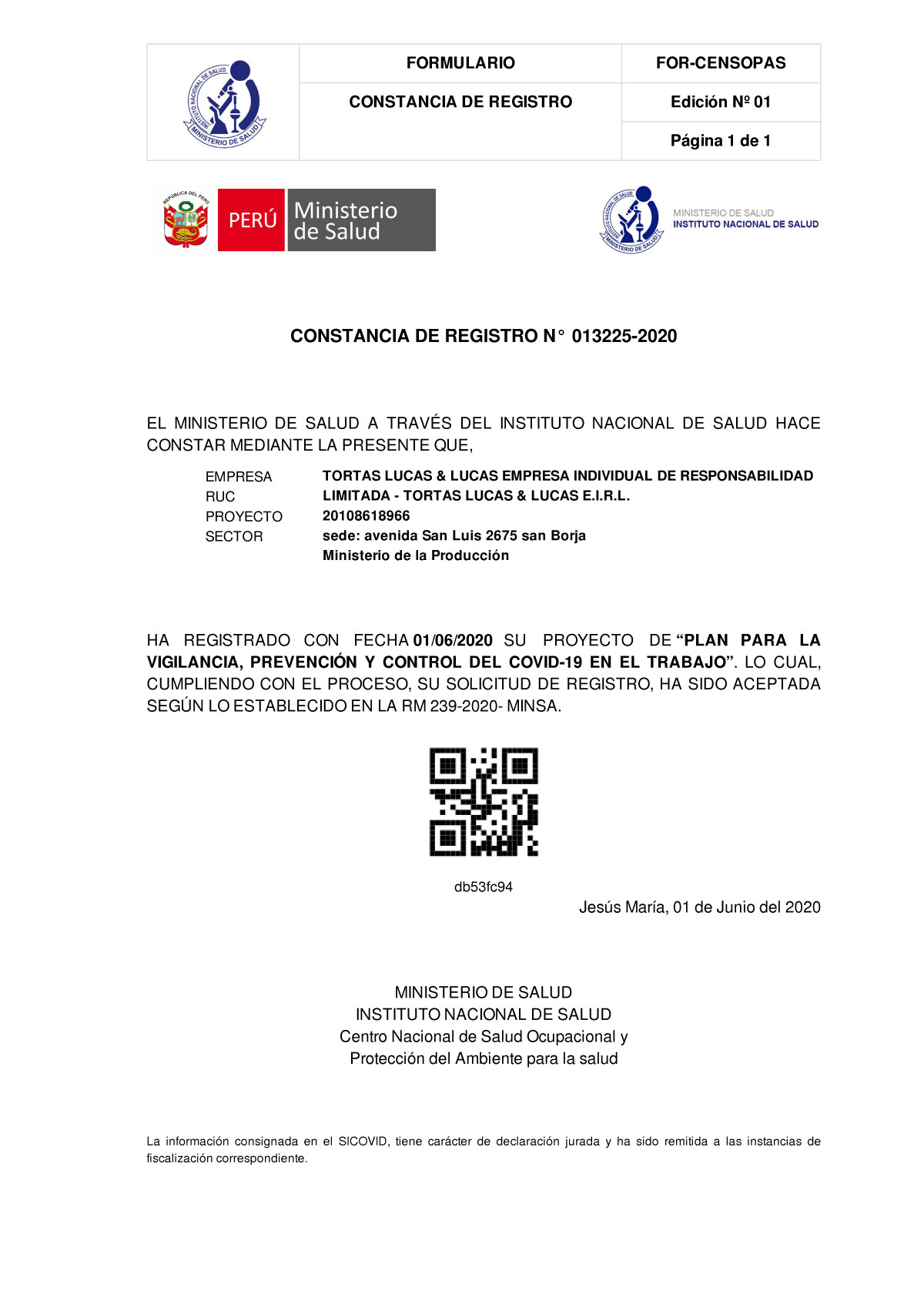 Constancia de registro Minsa - Sede San Borja